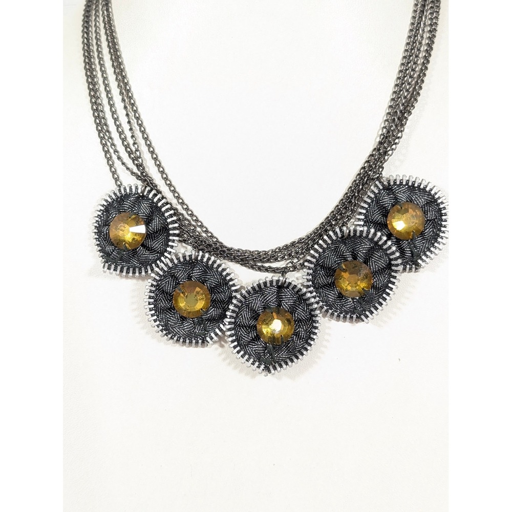 Gray Multi Chain Statement Necklace Yellow Rhinestone Rosette 21"